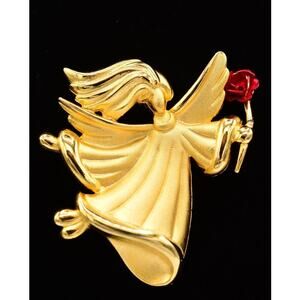 Tara Vintage Angel Pin Brooch Brushed Gold Red Rose Christmas Signed 1980s BinAH